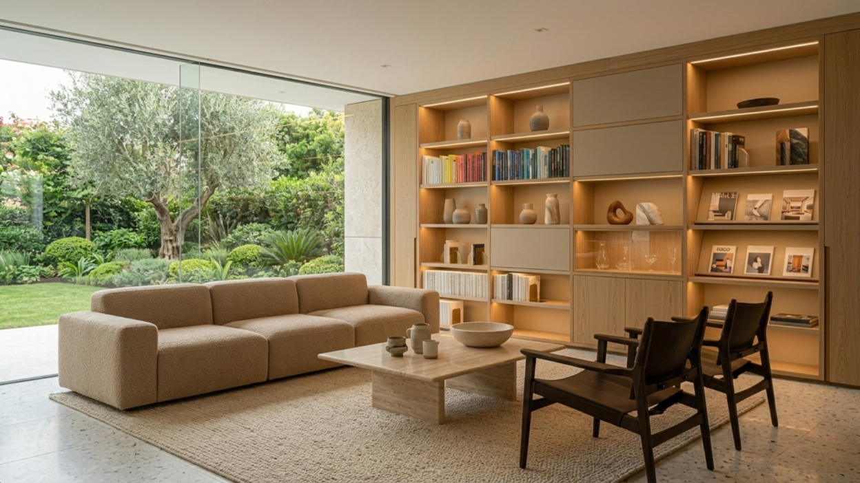 Bibliothèque et rangements sur mesure intégrés au salon