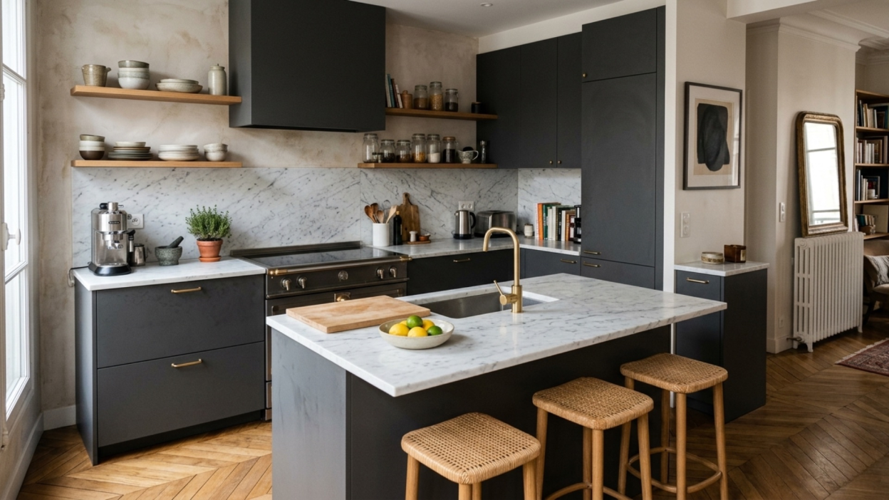 Espace cuisine intégré à l'habitat, conçu sur mesure